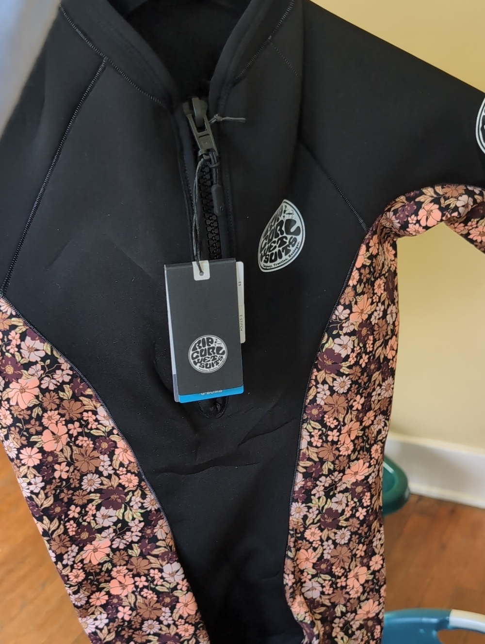 Rip Curl Black Wetsuit Top with Pink Floral Panels